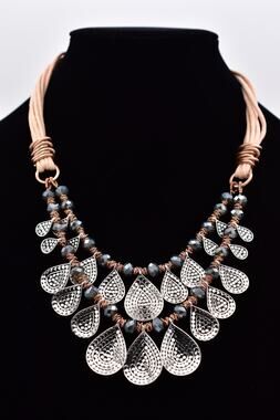 St. Thomas Silver Teardrop Gray Crystal Beaded Multi-Strand Bib Necklace BinBH